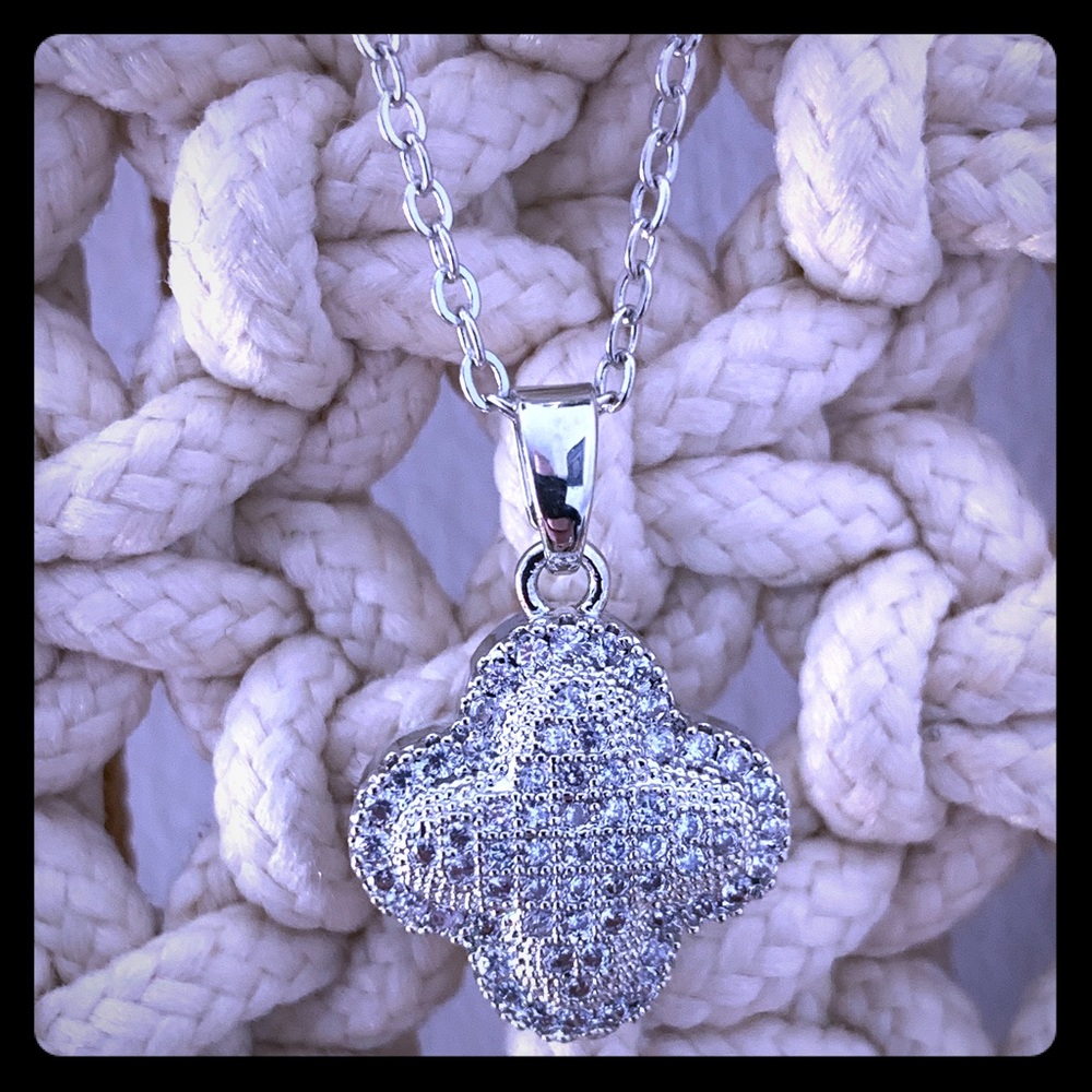 White Gold Plated Pave Clover Necklace